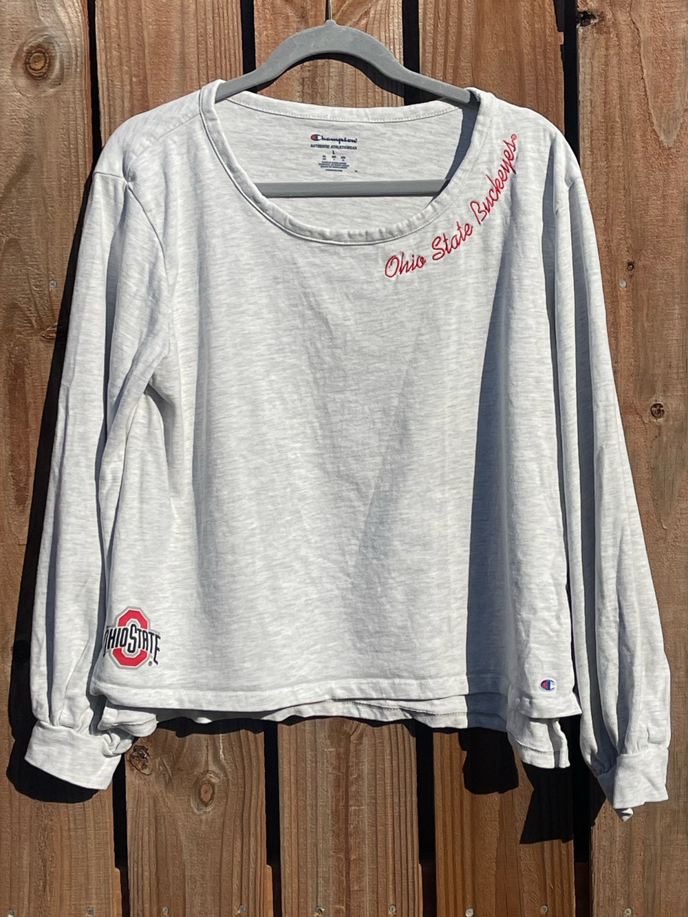 Champion Womens Ohio State Buckeyes Light Gray Long-Sleeve Tee Size Large